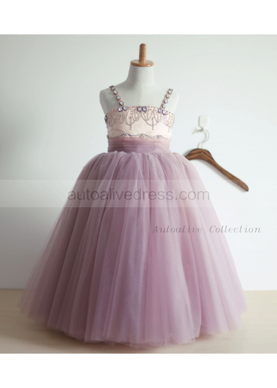 Beaded Lavender Satin Tulle Tutu Flower Girl Dress